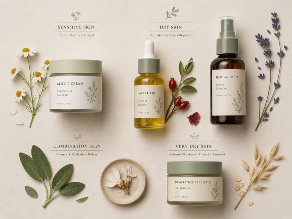 Botanical skincare products arranged for different skin types and wellness needs.