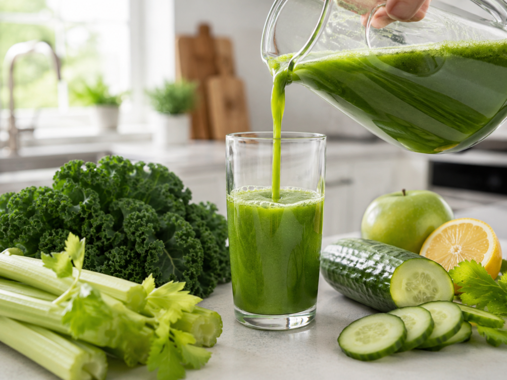 Fresh green juice poured into a glass with leafy greens, cucumber, celery, lemon, and apple.
