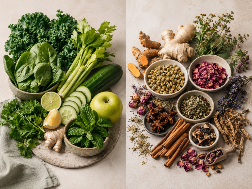 Comparison of green juice ingredients and botanical elixir ingredients on a neutral background.