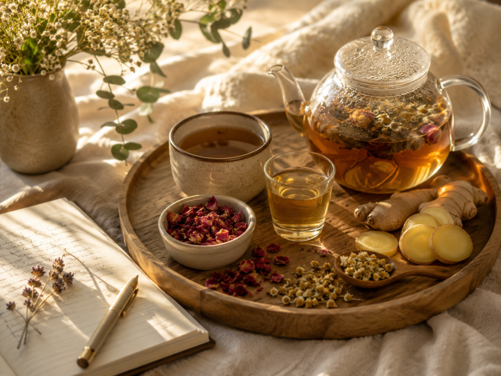 Botanical elixir served with herbal tea, dried flowers, ginger, and a wellness journal.