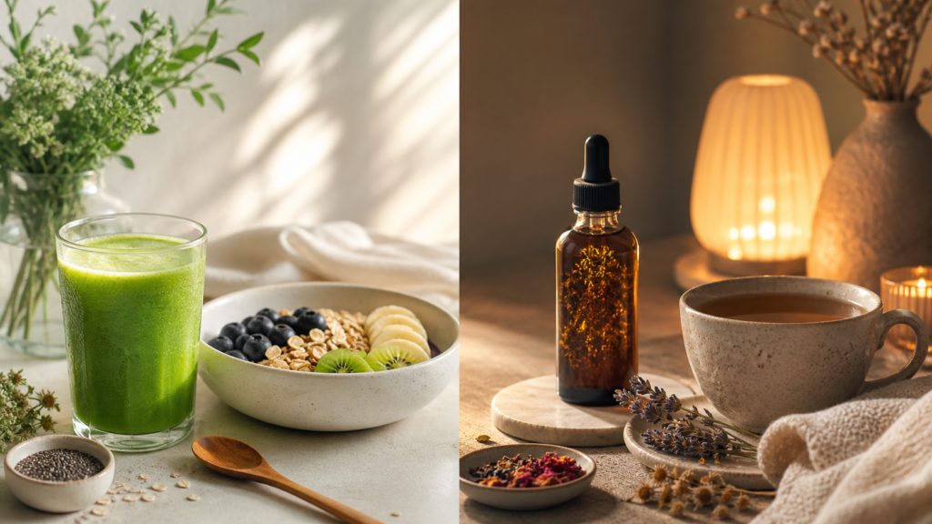 Green juice for a morning routine and botanical elixir for an evening wellness ritual.