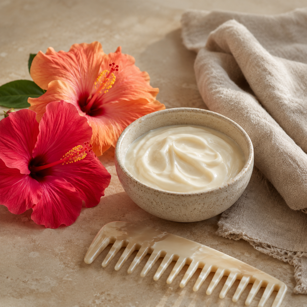  Hibiscus botanical hair mask for shine, softness, and scalp care.