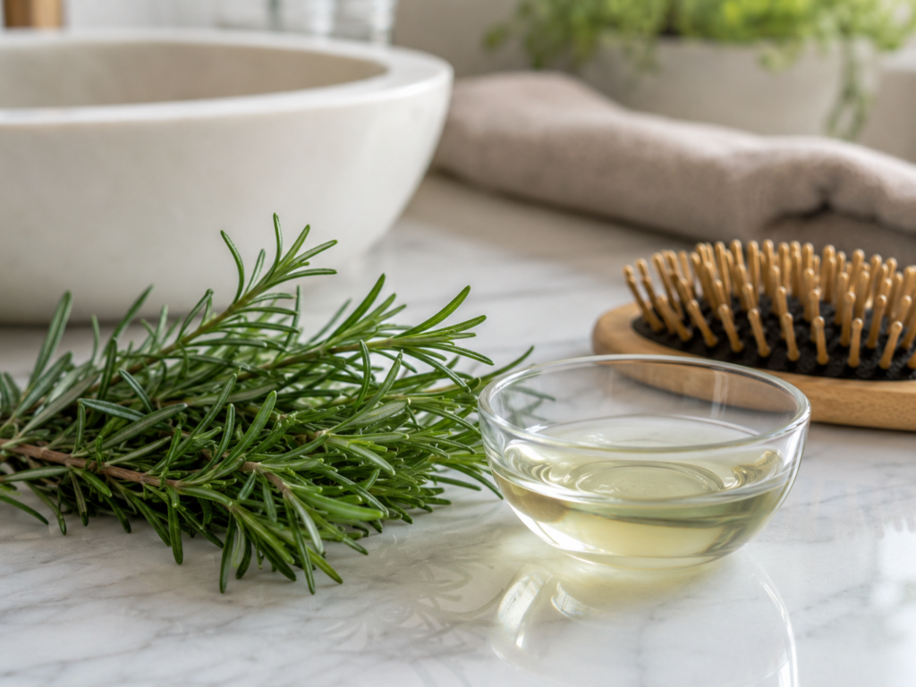 Fresh rosemary and scalp oil used in a botanical hair growth routine.