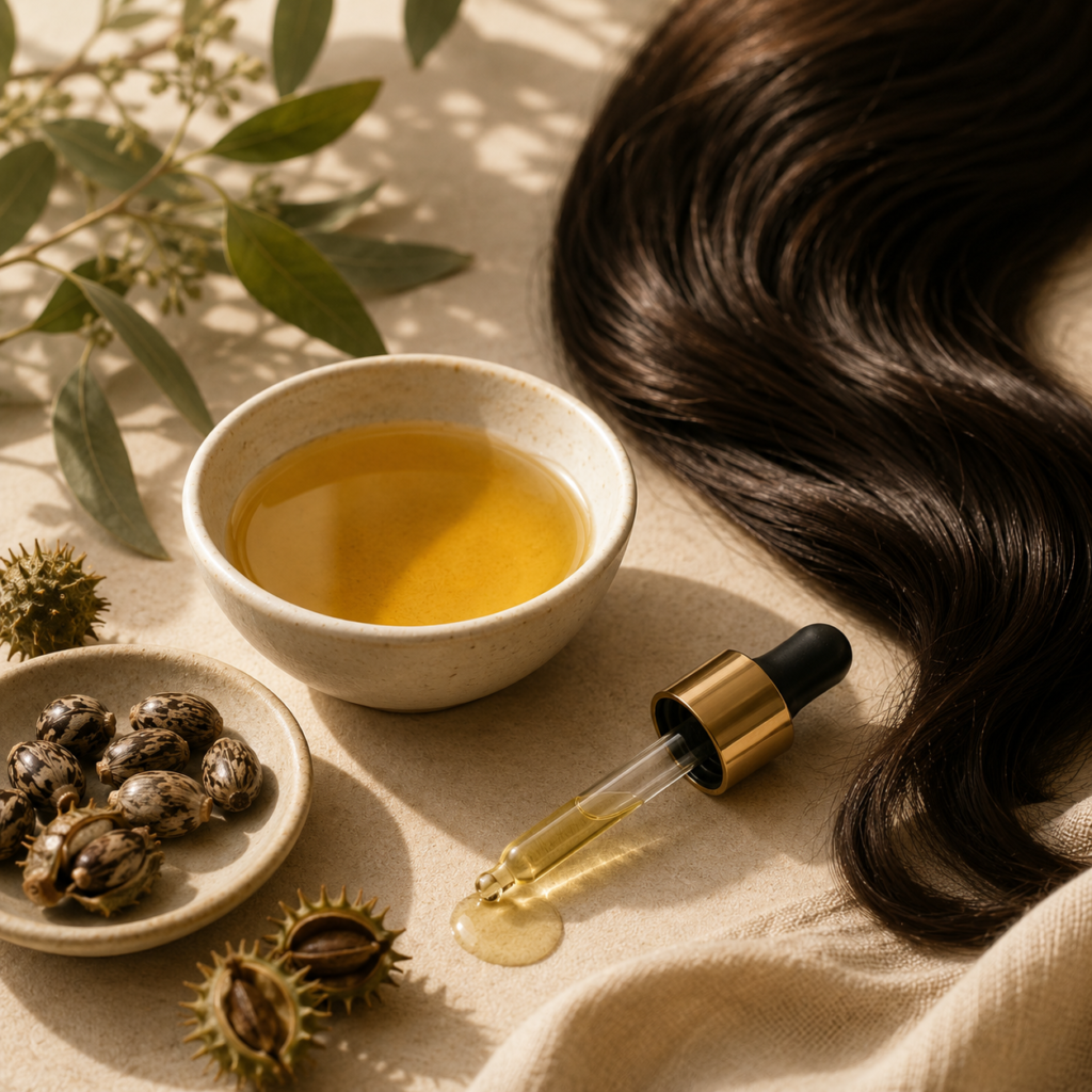 Castor oil prepared as a nourishing botanical treatment for scalp and hair.