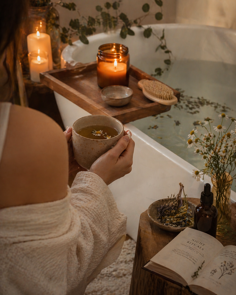 Evening botanical ritual with herbal tea, candlelight, and a calming bath