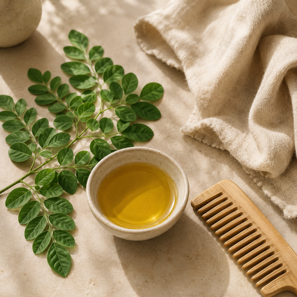 Moringa leaves and oil for nourishing dry and fragile hair.