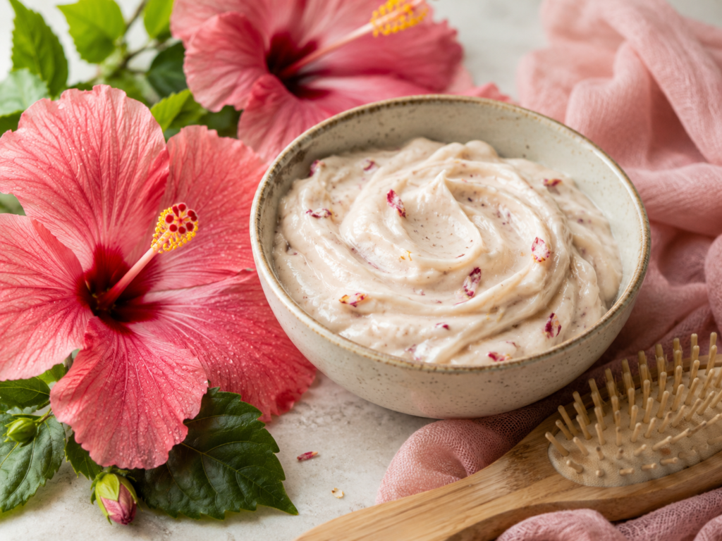 Hibiscus hair mask for shine, softness, and smoother-looking hair.