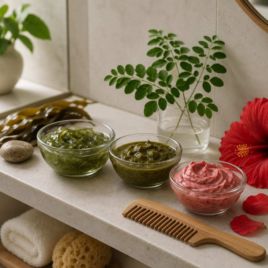 Botanical hair care routine featuring kelp, moringa, and hibiscus ingredients.