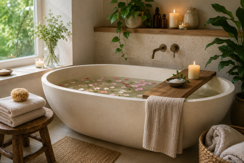 Herbal bath with flower petals, candles, and greenery for a relaxing botanical ritual.