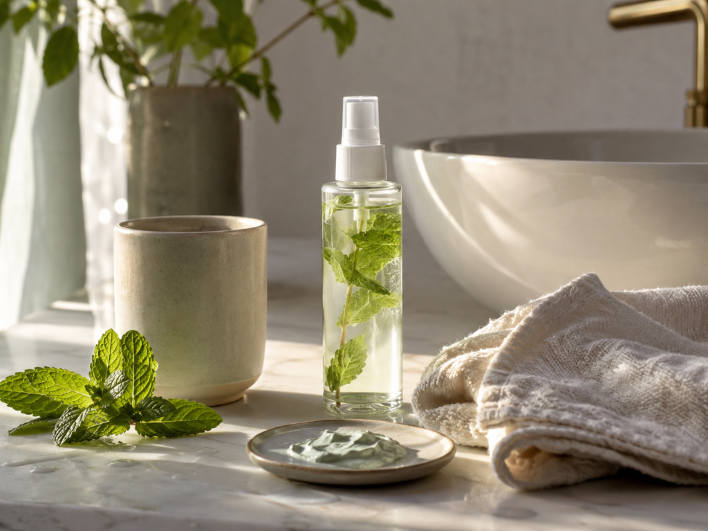 Morning botanical skincare ritual with fresh mint, face mist, and soft natural light.