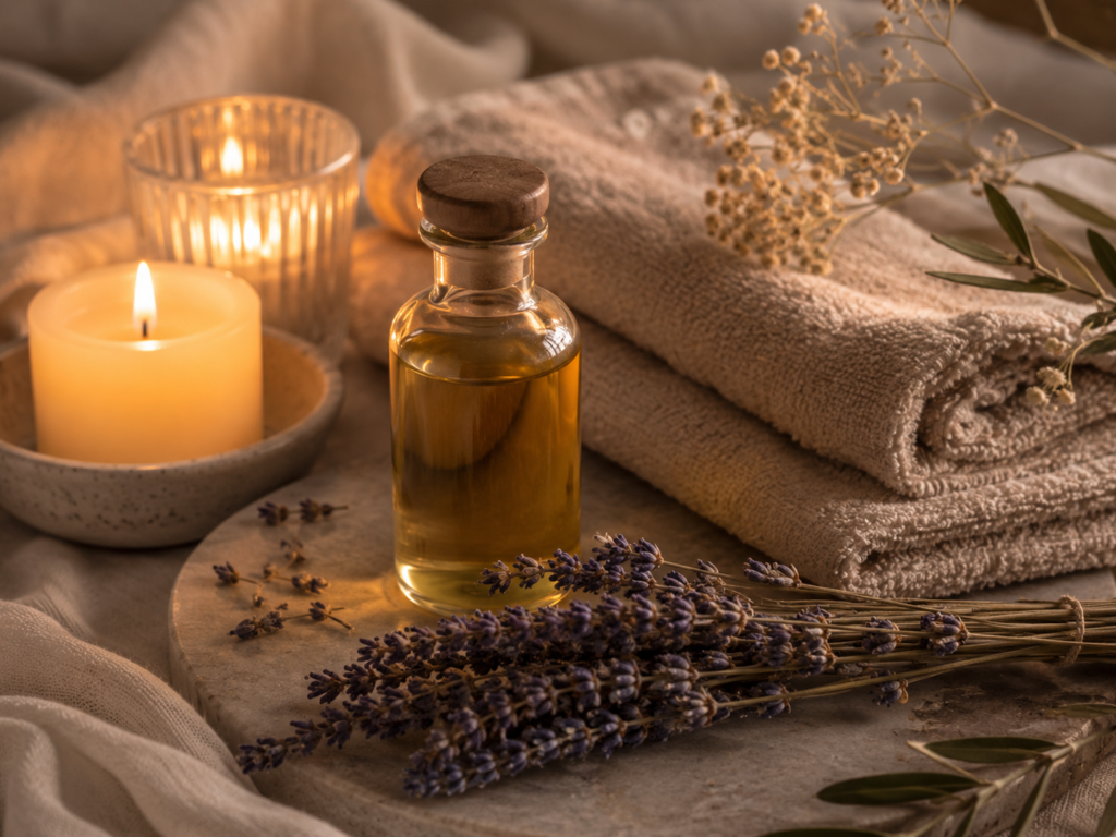 Evening botanical body oil ritual with lavender, candlelight, and soft towels.