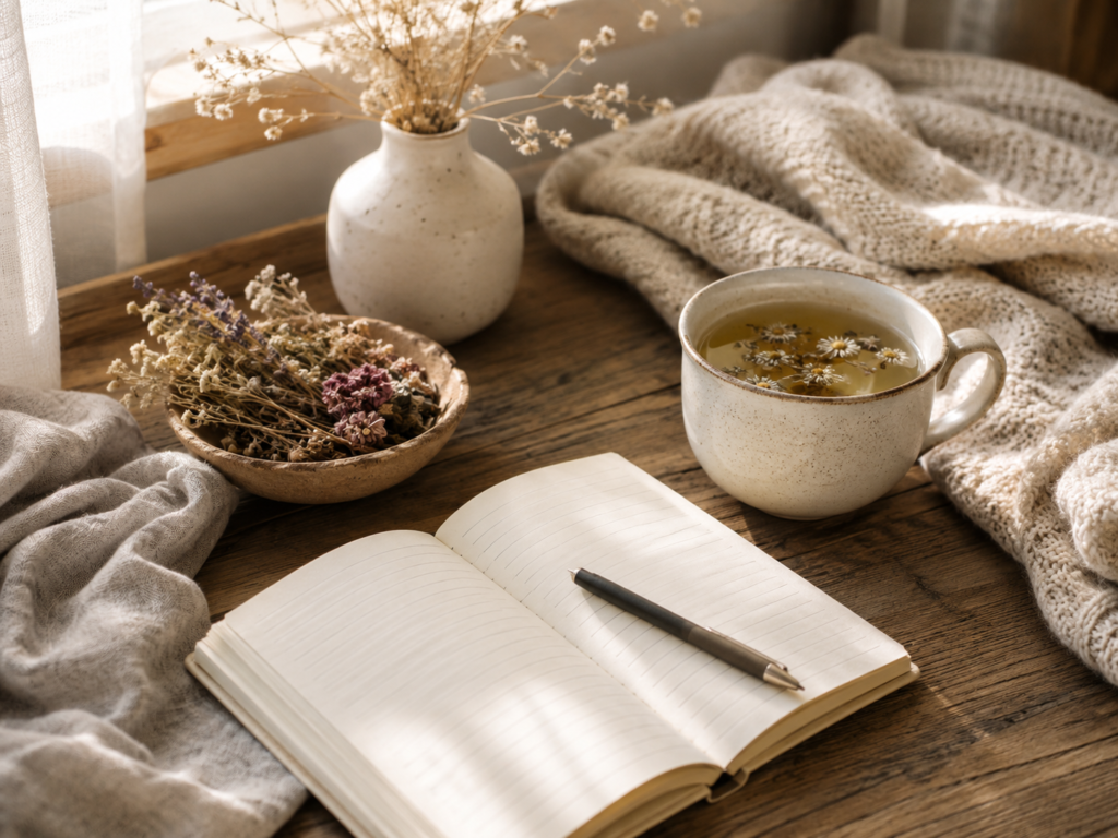 Herbal tea and journaling ritual with dried flowers for rest and renewal.