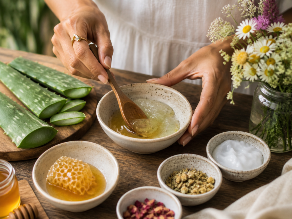 Hands preparing a traditional herbal skincare remedy with aloe vera and honey.