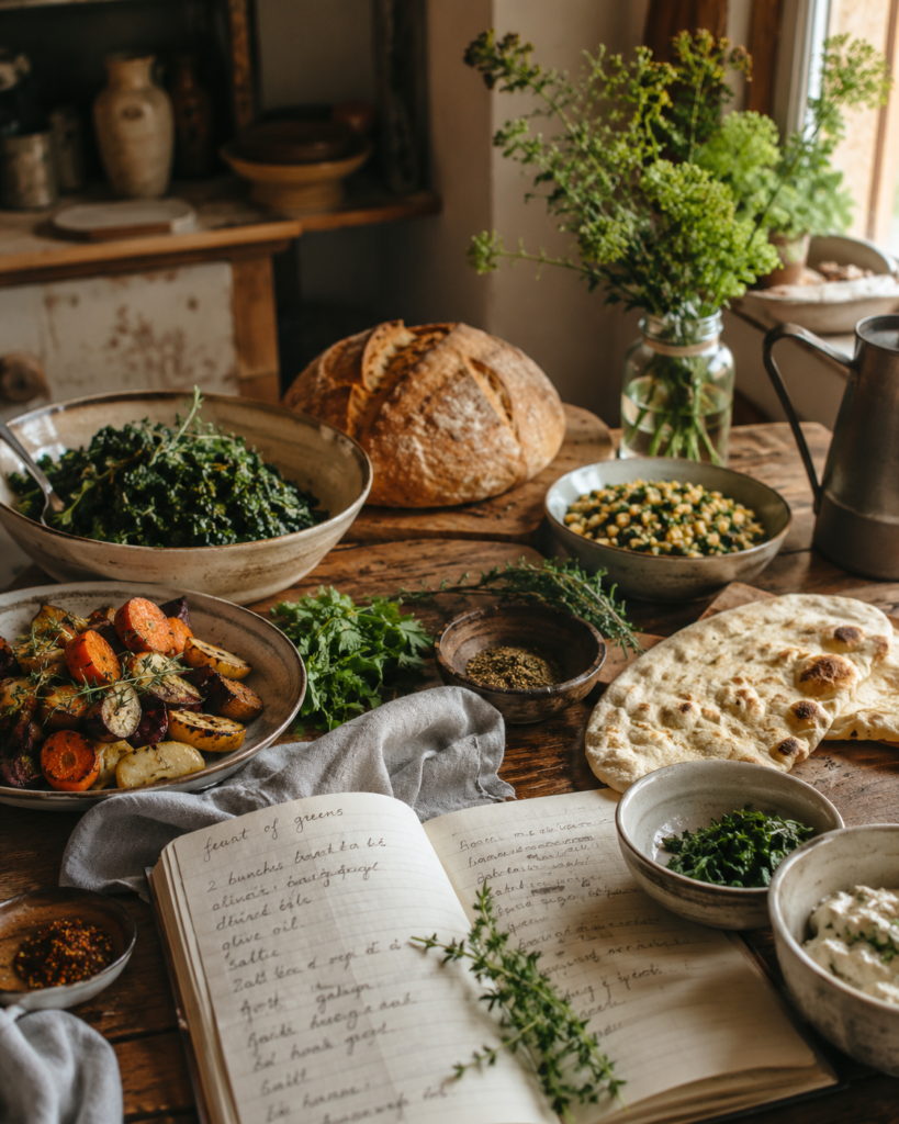 Traditional food and handwritten recipes used for ancestral healing and family connection.