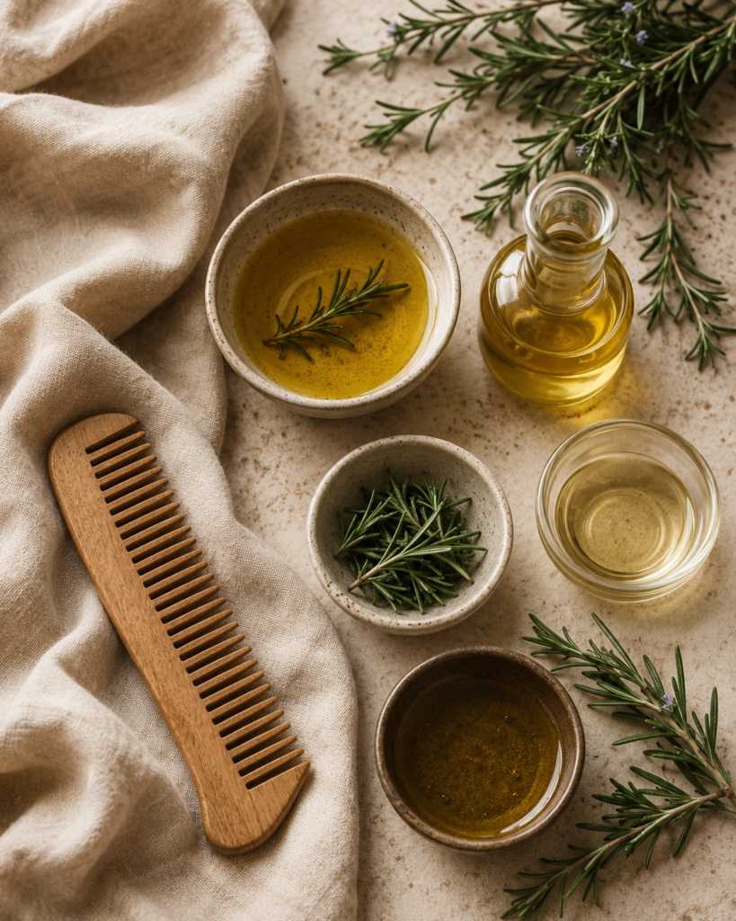 Natural scalp oils and herbs for a nourishing pre-wash hair care routine.
