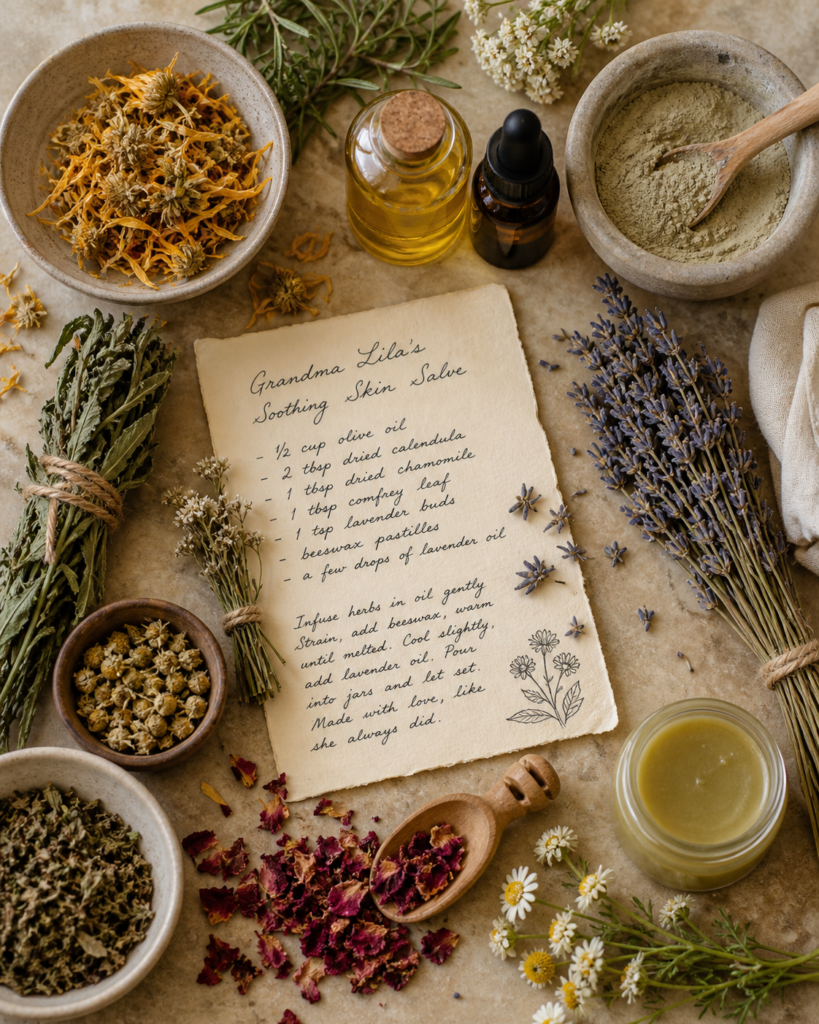 Traditional healing ingredients with dried herbs, botanical oils, and a handwritten family recipe.