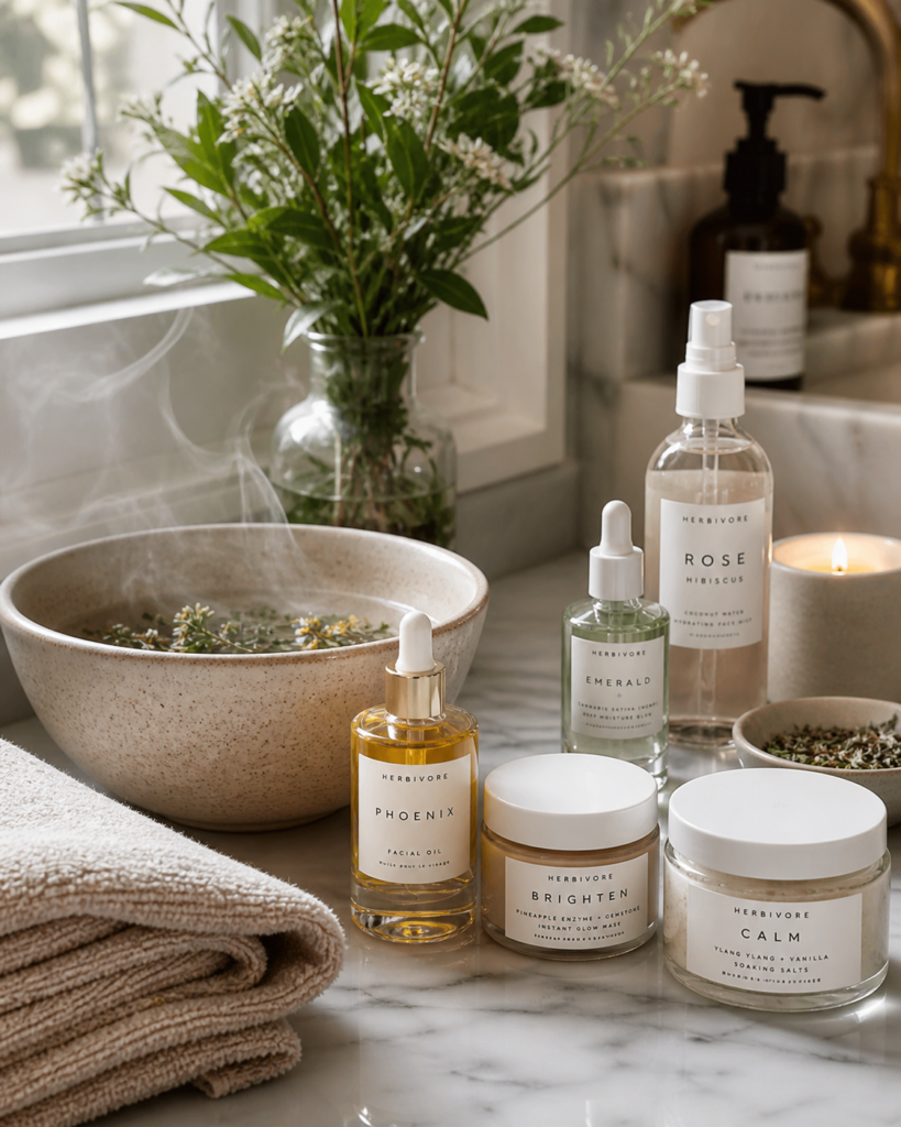 Natural skincare ritual with facial oil, herbal steam, and fresh greenery.