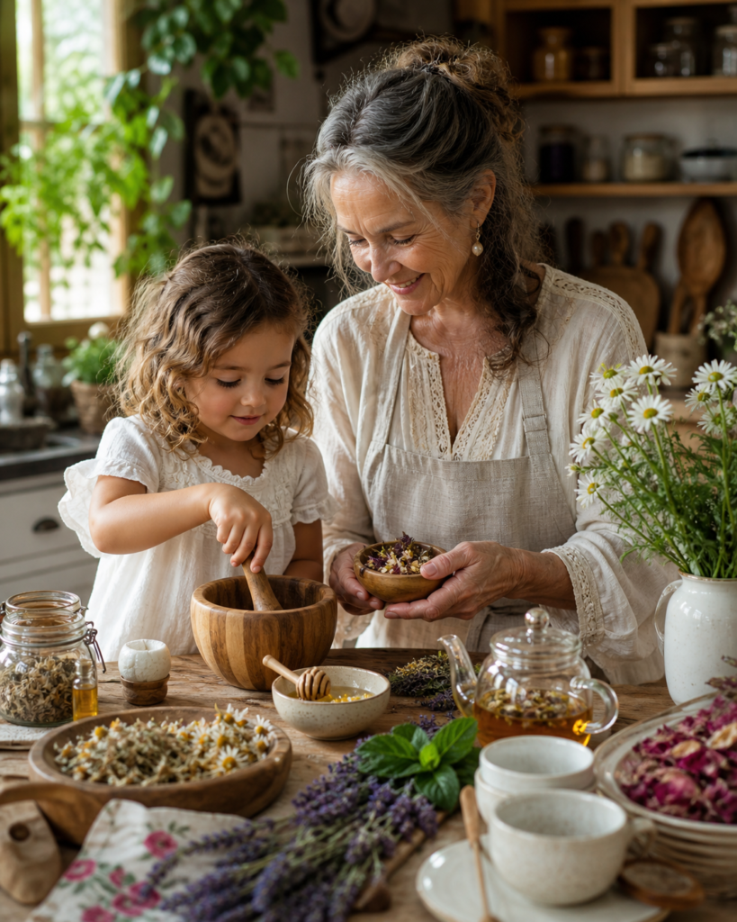 Grandmother and grandchild sharing a traditional healing ritual in a cozy kitchen.