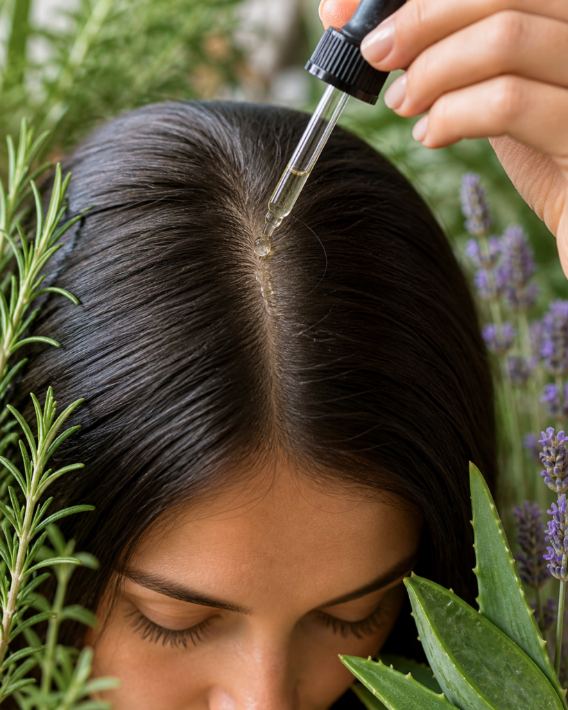 Applying botanical scalp oil with rosemary, lavender, and aloe for hair wellness.
