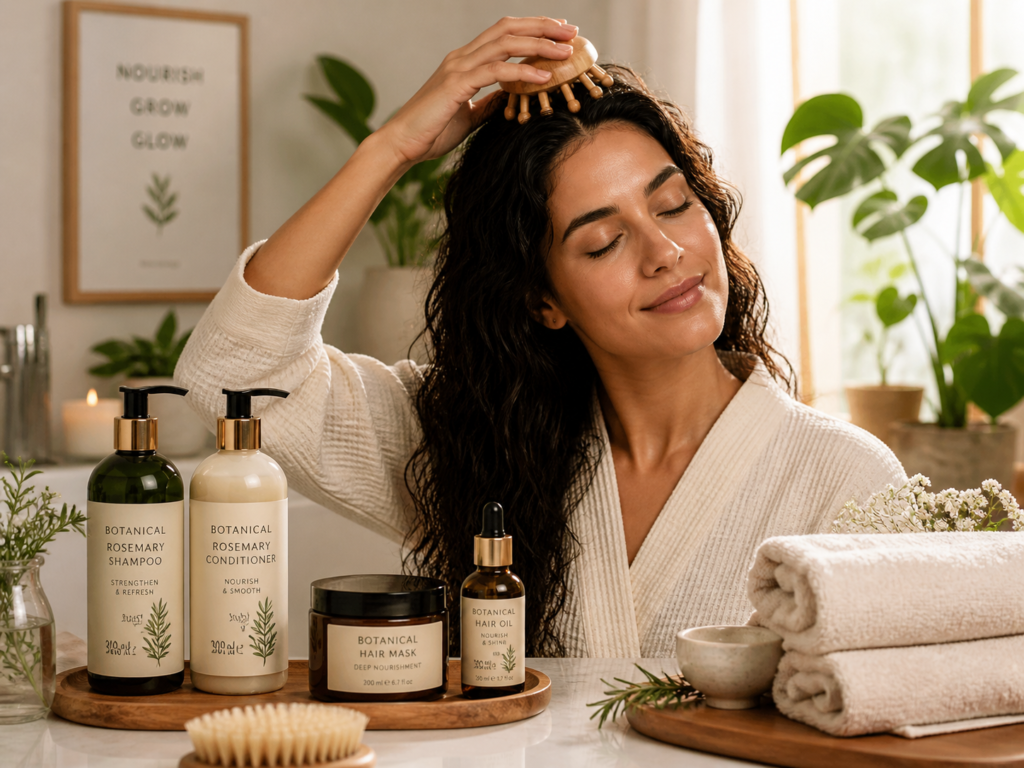 Wooden scalp massager used with botanical hair wellness products.