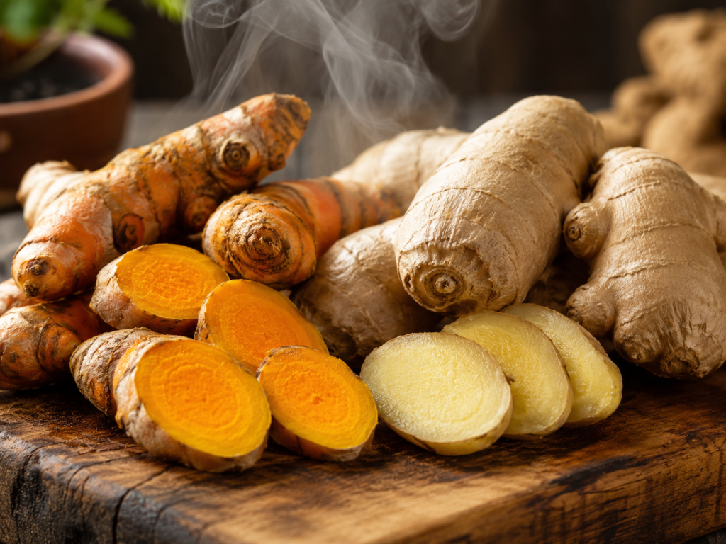 Fresh turmeric and ginger roots on wooden board, natural wellness ingredients
