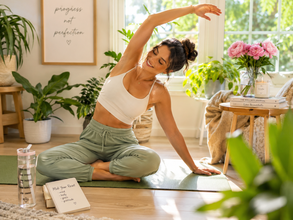Woman practicing wellness habits during a mid-year refresh in a bright, peaceful home setting