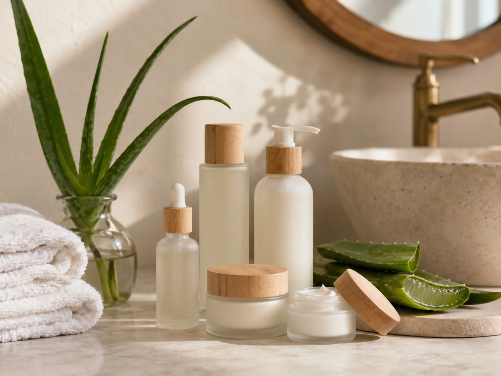 Natural skincare products and aloe vera arranged on a neutral bathroom counter for sensitive skin care.