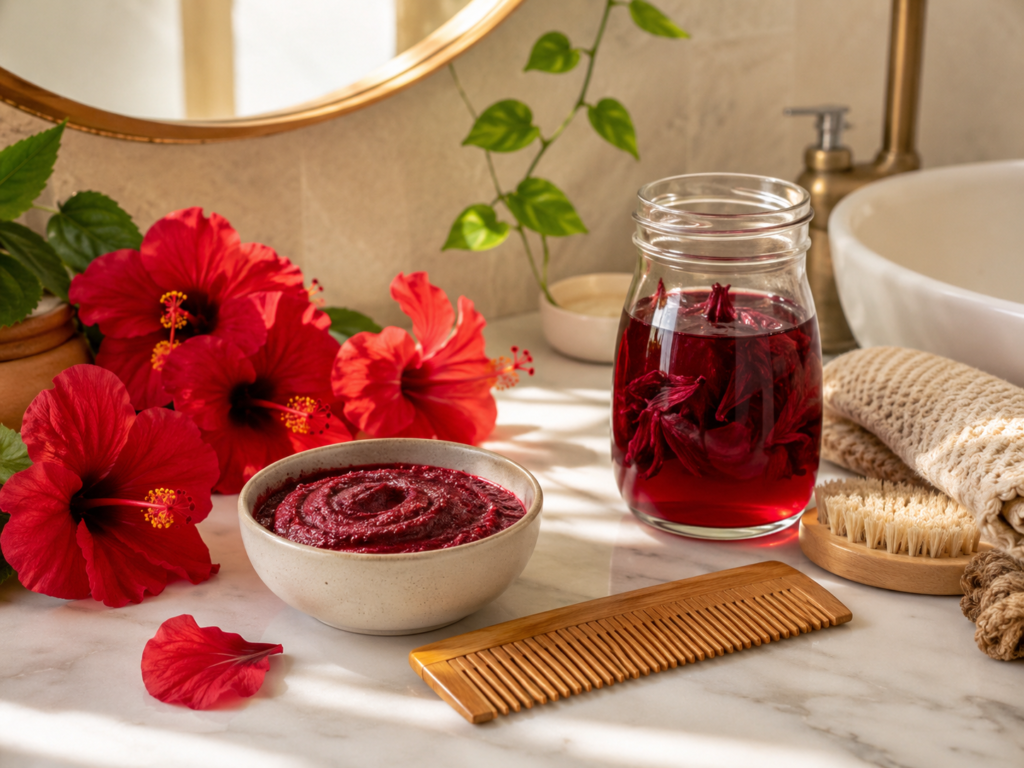Hibiscus flowers with natural hair care products for shine and scalp care