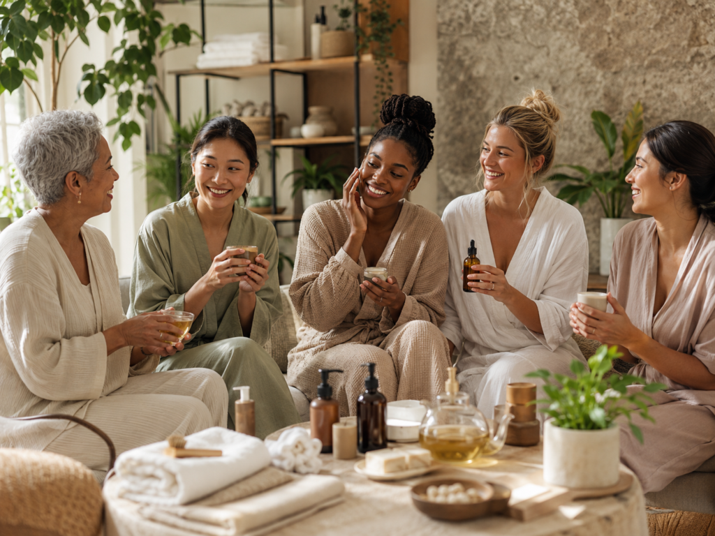 A diverse group gathered in a serene wellness space for community-centered self-care and healing.