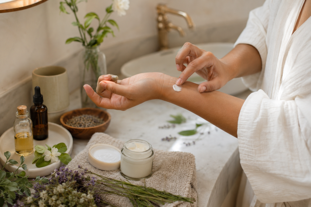 Person patch testing natural skincare on their wrist beside botanical skincare products on a bathroom vanity.