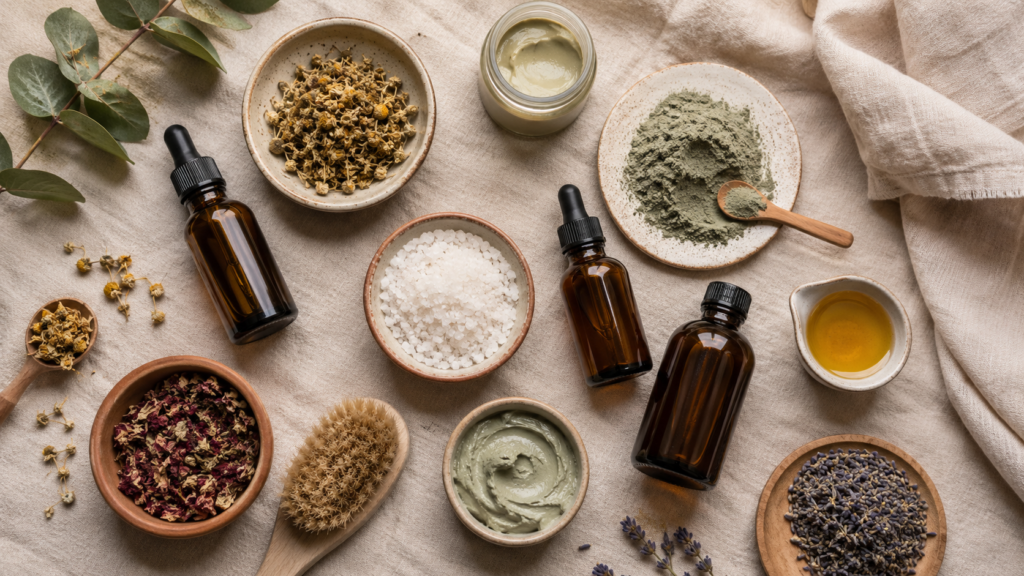 Earthy plant-based wellness products with botanical oils, herbs, clay, sea salt, and natural skincare tools.
