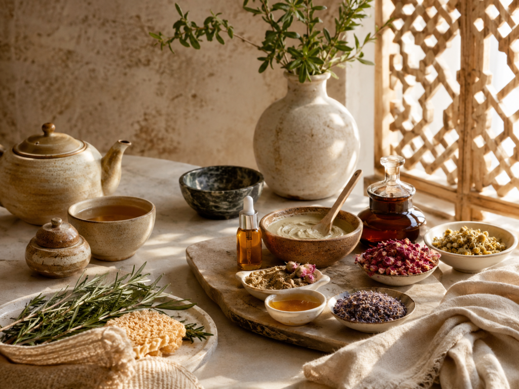 Heritage-inspired wellness setting with natural skincare ingredients, herbal tea, and calming self-care elements.
