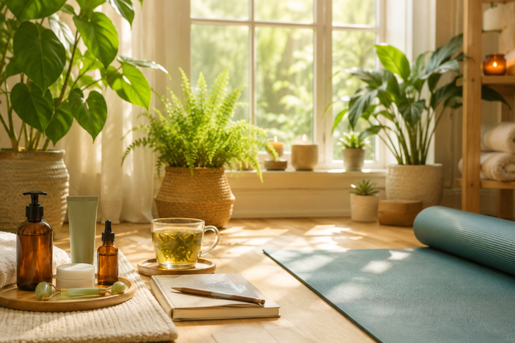 Cozy home wellness space with yoga mat, plants, and natural sunlight.