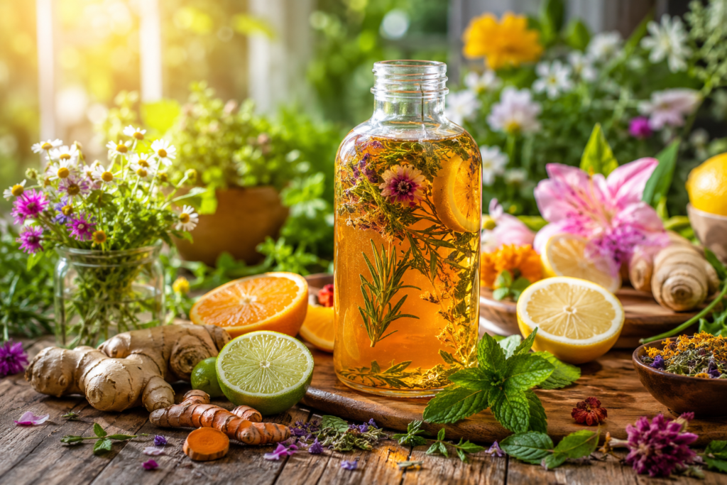 Natural herbal vitality elixir surrounded by fresh botanicals and citrus fruits.