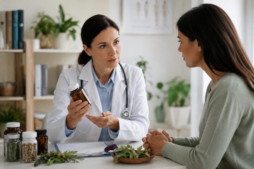 Healthcare professional advising a patient about safe herbal product use.