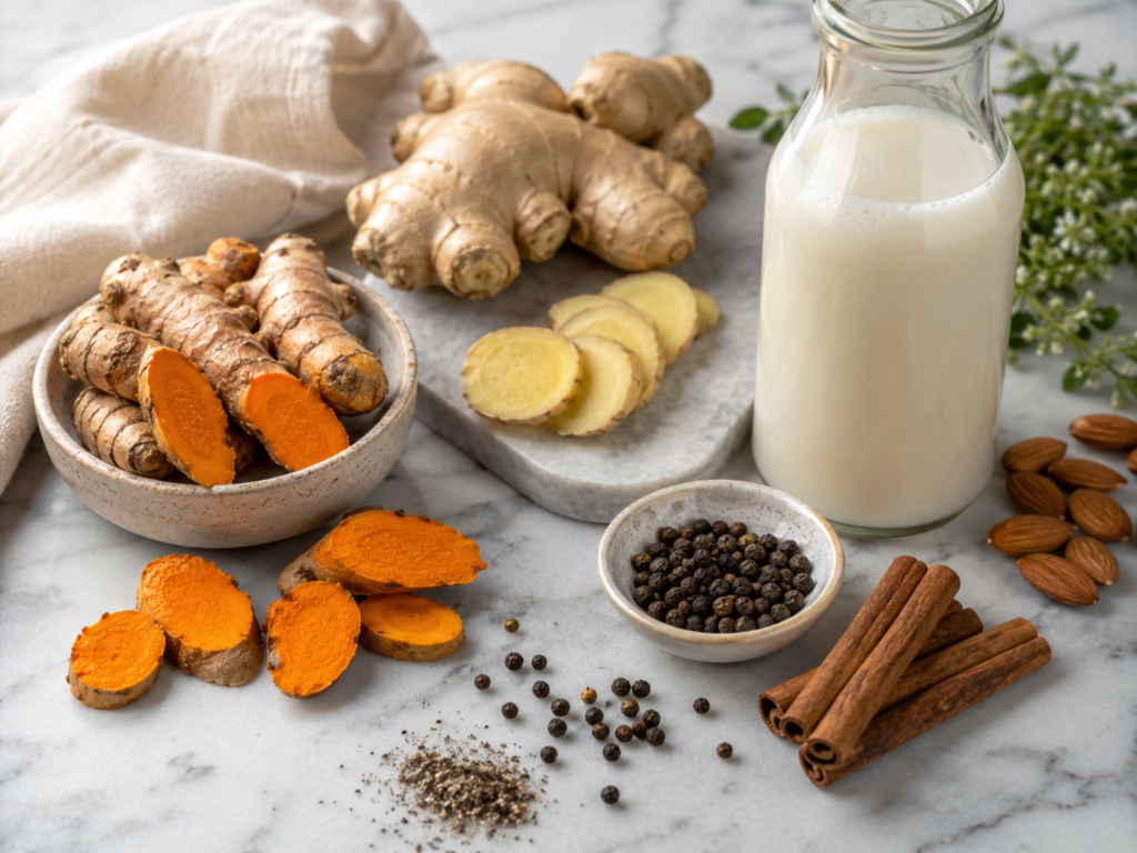 Golden milk ingredients with turmeric, ginger, and spices for wellness recipe