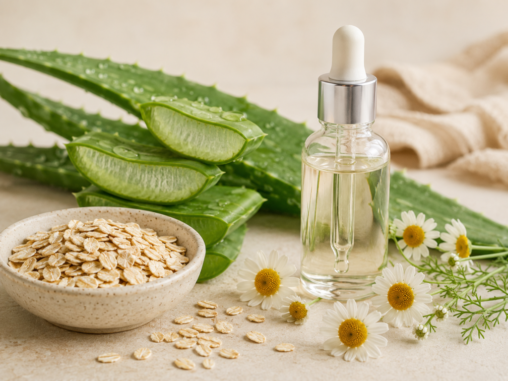 Gentle natural skincare ingredients including aloe vera, oats, and chamomile.