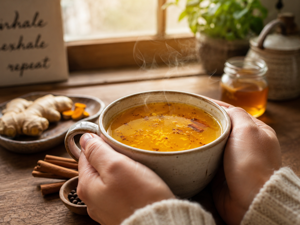 Warm turmeric and ginger tea in a mug, cozy morning wellness drink