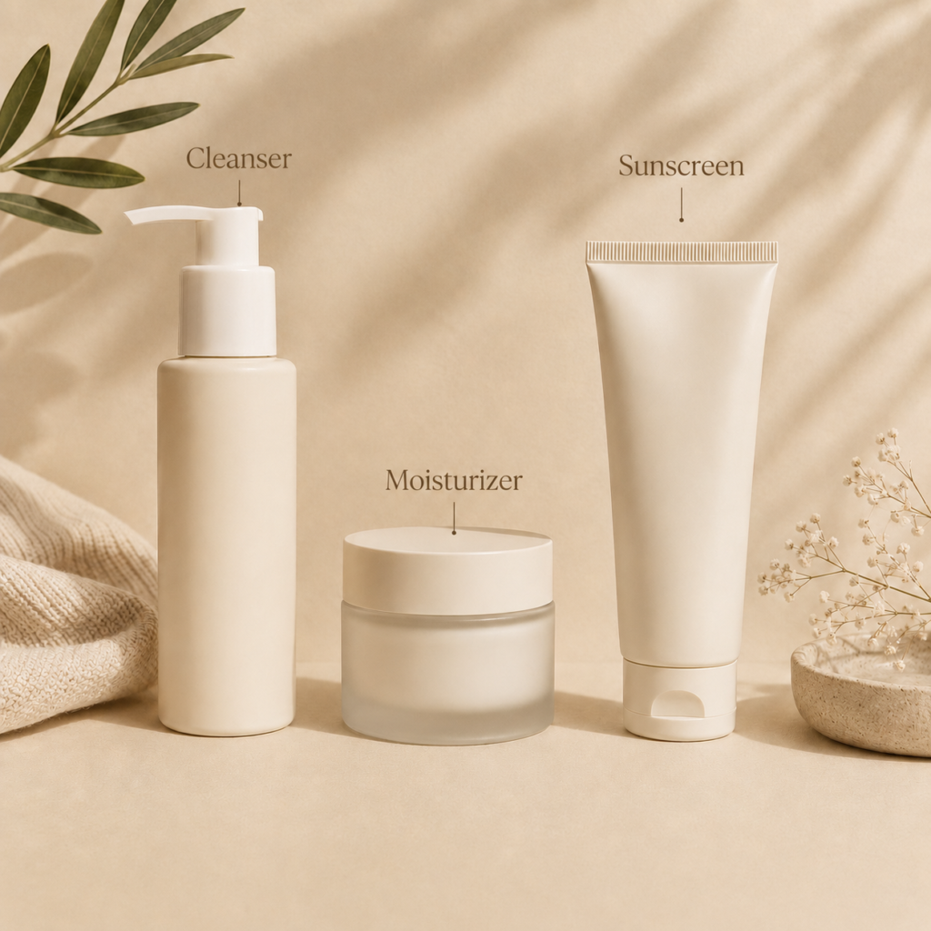 Simple natural skincare routine for sensitive skin with cleanser, moisturizer, and sunscreen.