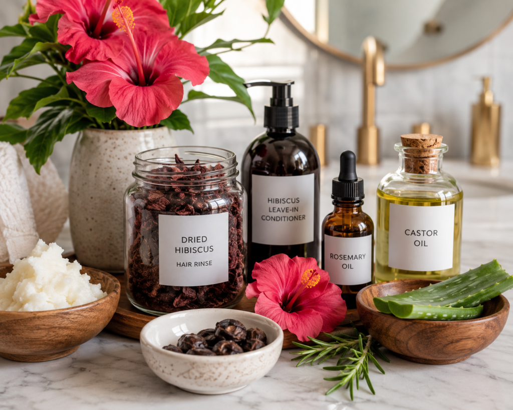 Fresh hibiscus flowers with natural hair care ingredients for a botanical hair routine