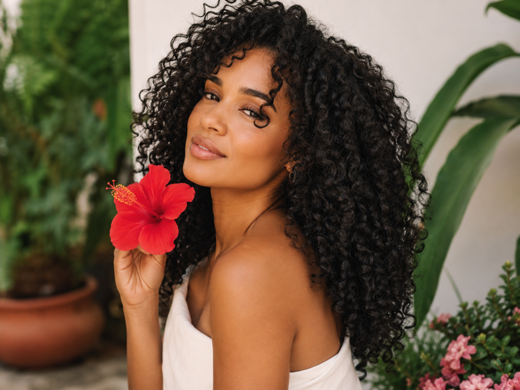 Woman with shiny natural curly hair holding a hibiscus flower
