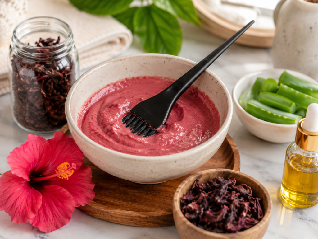 DIY hibiscus hair mask made with hibiscus powder for natural hair care