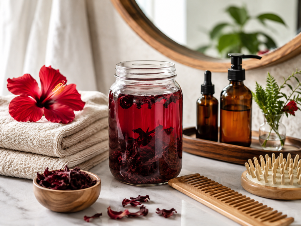 Hibiscus tea rinse prepared for natural hair wash day routine