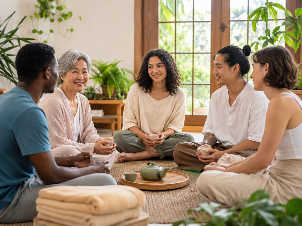 Diverse group sharing a calm community wellness moment in a natural light space.