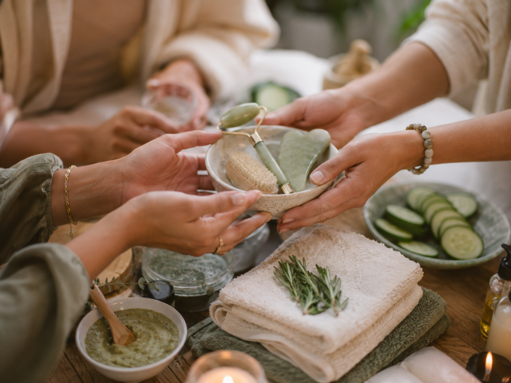 Hands sharing skincare tools and self-care items during a community wellness ritual.