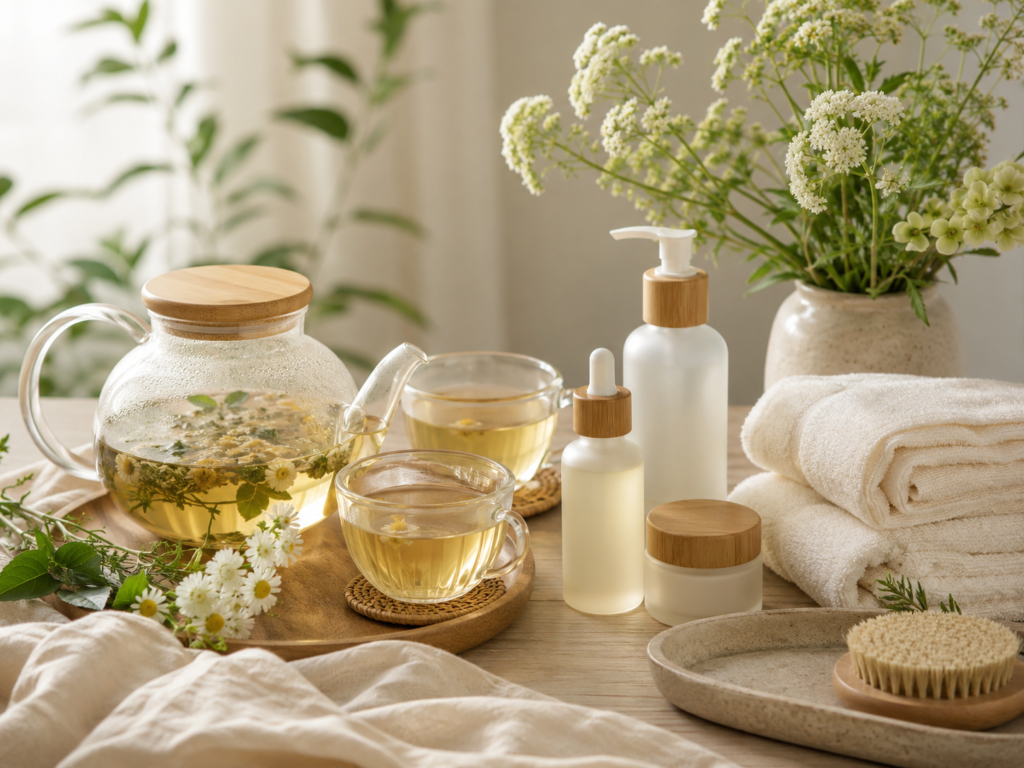 Community wellness table with herbal tea, towels, flowers, and unbranded skincare items.