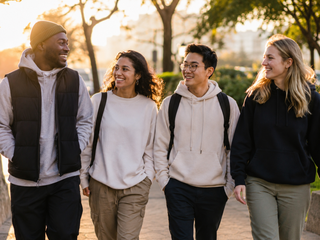 Diverse wellness community walking together outdoors in soft morning light.
