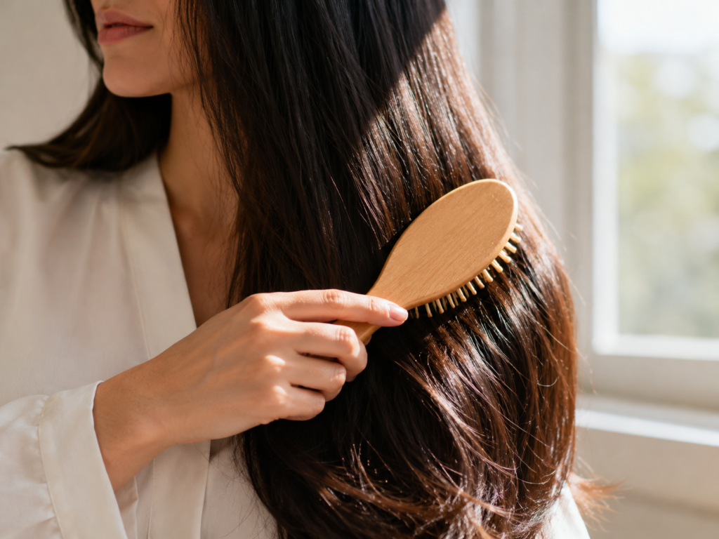 Woman gently brushing shiny natural hair in soft daylight
