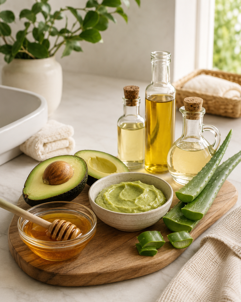 Natural ingredients for a moisturizing hair mask including avocado aloe vera honey and oils
