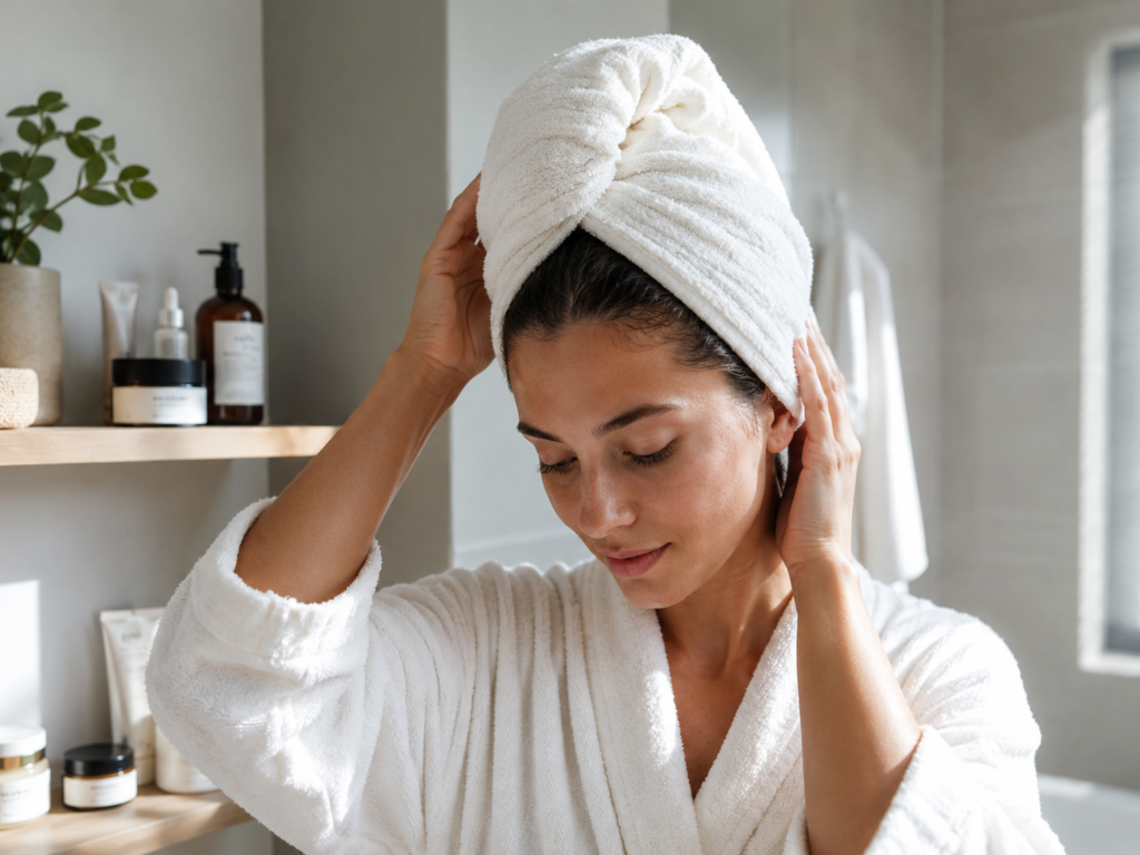 Person gently drying damp hair with a soft cotton towel to reduce breakage